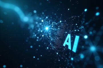 Artificial intelligence is presented as an abstract illustration of a model on a blue background symbolizing future technologies and transmitting data in the form of bytes and files