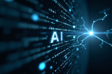 Artificial intelligence is presented as an abstract illustration of a model on a blue background symbolizing future technologies with the inscription AI and transmitting data in the form of bytes and 
