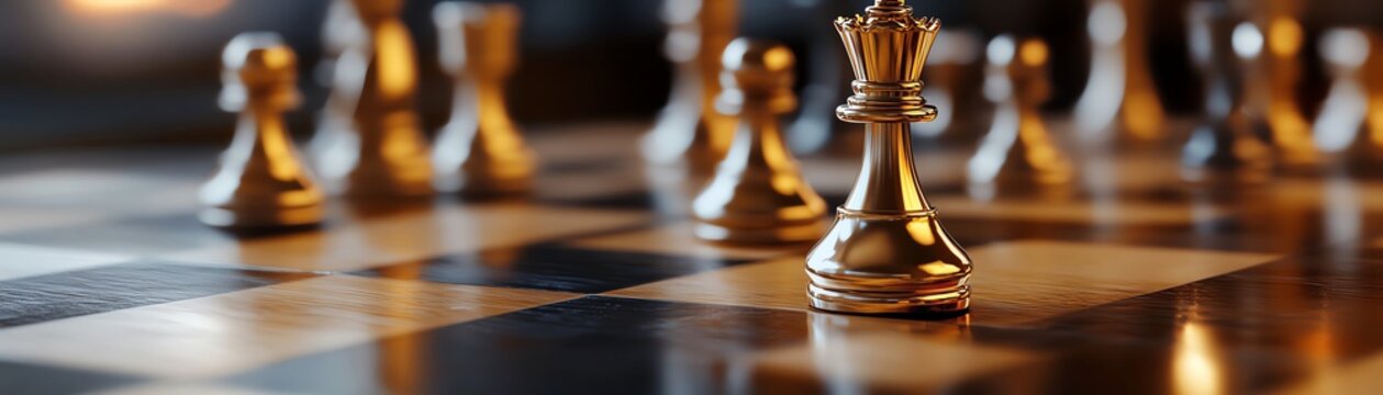 Golden chess pieces on a chessboard with strategic focus, representing strategy, competition, and intellectual challenge in game settings.