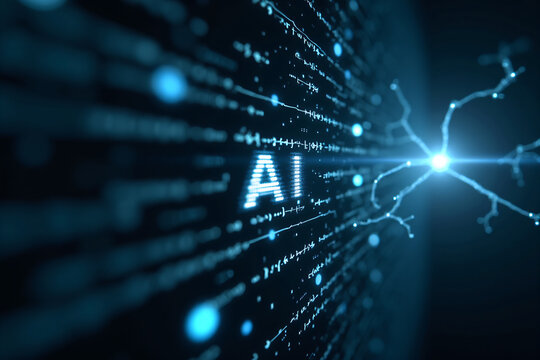 Artificial intelligence is presented as an abstract illustration of a model on a blue background symbolizing future technologies with the inscription AI and transmitting data in the form of bytes and 
