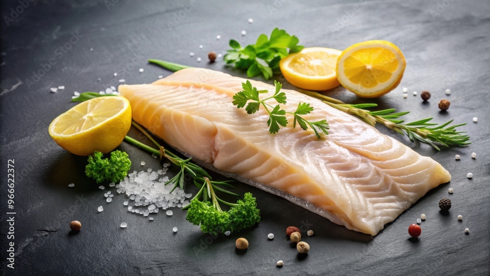 Wall mural Fresh raw cod fillet with herbs and lemon slices on black stone background, raw, cod fillet, fresh, herbs