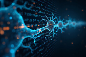 Artificial intelligence is presented as an abstract illustration of a model on a blue background symbolizing future technologies and transmitting data in the form of bytes and files