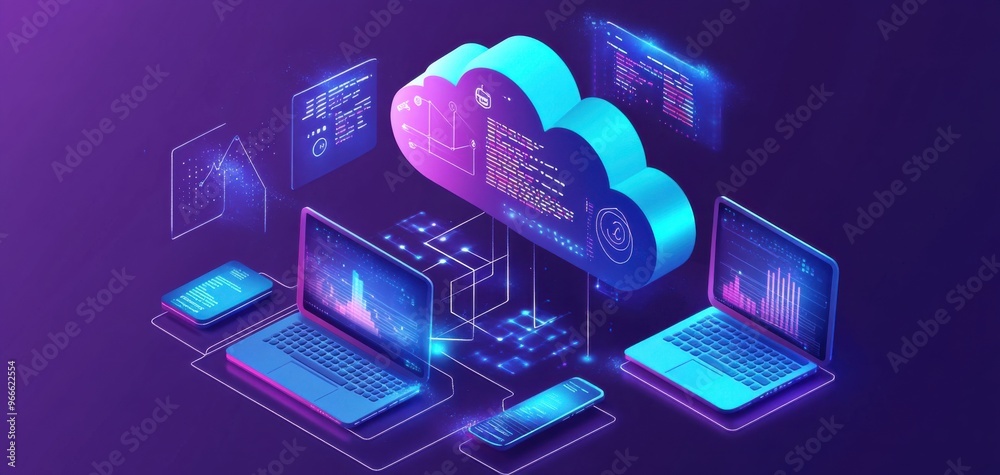 Poster isometric illustration of cloud computing ai technology with digital devices connected to data serve