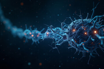 Artificial intelligence is presented as an abstract illustration of a model on a blue background symbolizing future technologies and transmitting data in the form of bytes and files