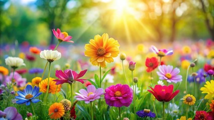 Fototapeta premium Vibrant colorful flowers bloom in a lush meadow setting, wildflowers, vibrant, colorful, meadow, nature, blooms, petals, beauty