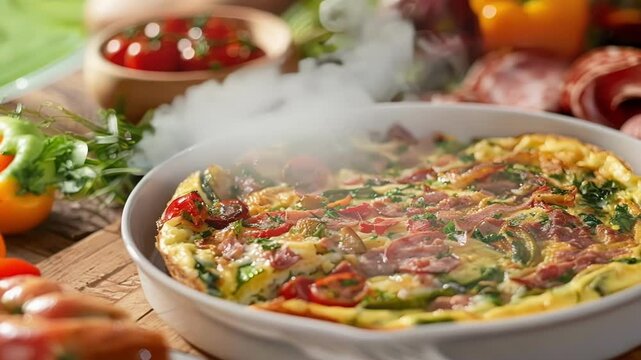 Freshly baked frittata with vegetables and cured meat is ready to be served for a tasty meal. The dish is surrounded by fresh ingredients