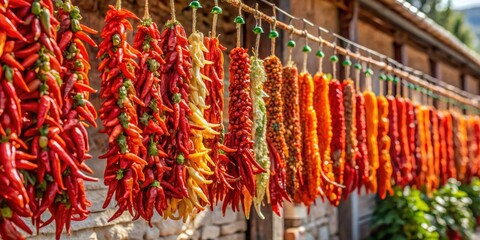 Fototapeta premium Peppers drying in the sun on strings in Gaziantep, T?rkiye , pepper, drying, sunlight, green, strings, Gaziantep, Turkey