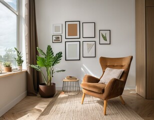 Modern composition in stylish living room interior with design armchair, mock up poster frames