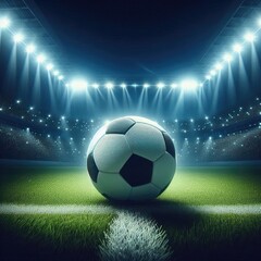 Naklejka premium Close up of a soccer ball in the center of the empty soccer stadium illuminated by the headlights