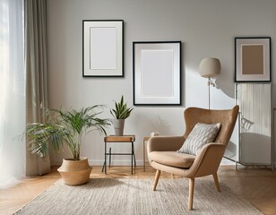 Modern composition in stylish living room interior with design armchair, mock up poster frames