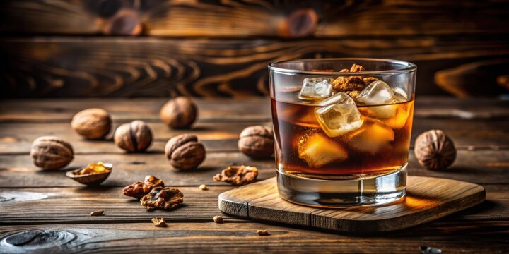 Delicious carajillo with ice and walnut on a wooden table in a restaurant , carajillo, refreshing, beverage, drink, ice