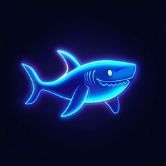 Obraz premium Neon blue shark icon glowing on dark background. Vibrant and eye-catching art with a digital aquatic theme.