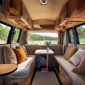 int&eacute;rieur de camping car, salon d'un van am&eacute;nag&eacute; en ia