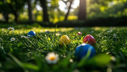 Fototapeta premium Easter Egg Hunt in a Sunny Meadow.
