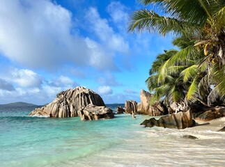 Seychelles beach with palm trees