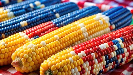Closeup of corn on the cob decorated with red, white, and blue for 4th of July celebration, patriotic, summer, holiday