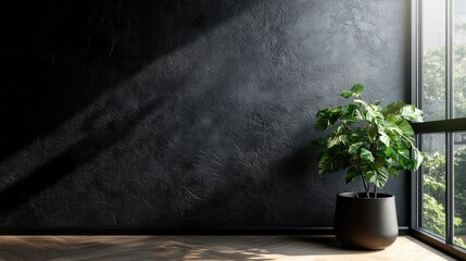 Interior background of room with black stucco wall and pot with plant