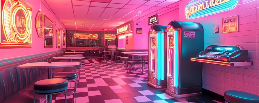 Retro 1950s diner interior with neon lights, jukebox, checkered floor, and vintage atmosphere. Empty seating and nostalgic decor.