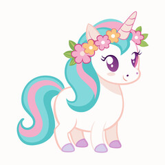 Cartoon unicorn with floral headband vector illustration on a white background, in pastel colors with a cute design for a t-shirt print. Illustration of a pink pony with a long mane and flowers