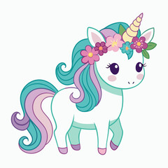 Cartoon unicorn with floral headband vector illustration on a white background, in pastel colors with a cute design for a t-shirt print. Illustration of a pink pony with a long mane and flowers