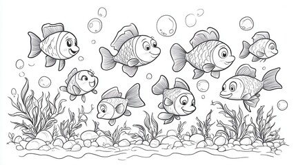 Fototapeta premium Children can enjoy coloring a lively group of cartoon fish surrounded by bubbles and aquatic plants in this engaging activity