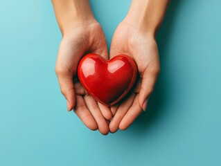 Obraz premium hands hold a red heart on a blue background. - ai