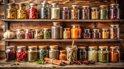 Vintage kitchen with an assortment of dried spices displayed beautifully on rustic shelves , vintage, kitchen