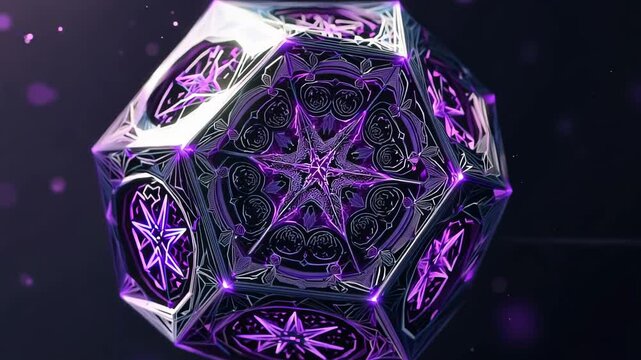 Intricate octahedral shape with mandala-like patterns rotating in cosmic void. Vibrant violet purple geometric network contrasts against charcoal gray background. 