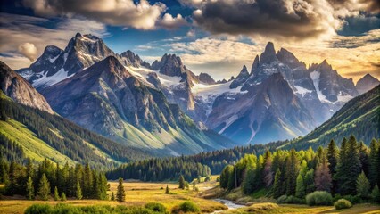 Fototapeta premium Mountain peaks rising across a scenic valley landscape, mountain, peak, valley, landscape, nature, scenery, panoramic