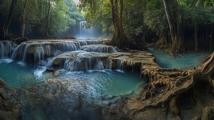 Fototapeta premium Beautiful cascading waterfall surrounded by lush green forest, tranquil blue water, and intricate rock formations in a serene natural landscape.