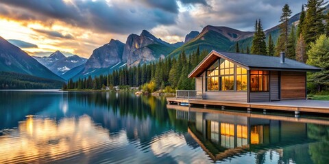 Fototapeta premium Luxurious modern cabin overlooking serene lake and dramatic mountain backdrop, minimalist, luxury, housing, edge, lake, dark