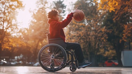 Boy in wheelchair playing basketball outdoors on a sunny autumn day, showcasing inclusion, determination, and adaptive sports.