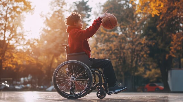 Boy in wheelchair playing basketball outdoors on a sunny autumn day, showcasing inclusion, determination, and adaptive sports.