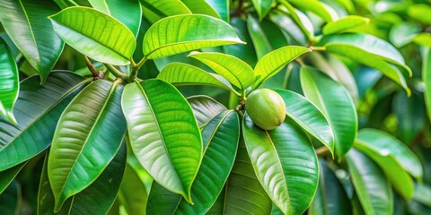 Close up of vibrant green mangosteen leaves on tree in Mekong Delta Vietnam garden, mangosteen, leaves, tree, close up
