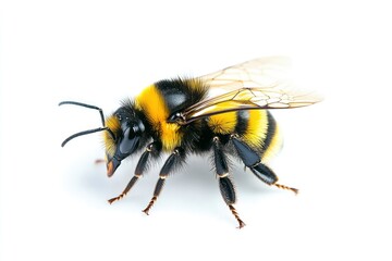 Bee yellow and black on white plain background, isolated , ai