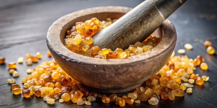 Damar resin being crushed in a mortar , damar resin, crushing, grinding, mortar and pestle, resin, natural