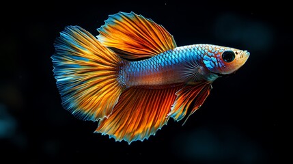 Fototapeta premium A vibrant blue and orange Siamese Fighting Fish with flowing fins against a black background.