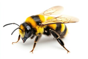 Bee yellow and black on white plain background, isolated , ai
