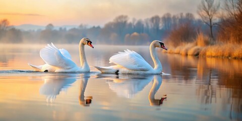 Fototapeta premium Graceful swans gliding peacefully on a tranquil lake, swans, lake, water, nature, wildlife, tranquility, peaceful