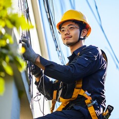 Electrician working on building's exterior wiring, wearing safety gear. Bright sunny day, ensuring safe and efficient electrical installation.