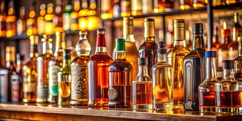 Assorted liquor bottles on a softly lit bar shelf, liquor, bottles, bar, shelf, alcohol, assortment, variety, spirits