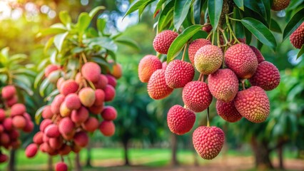 Ripe lychees in a vibrant lychee orchard, showcasing the juicy sweetness of this tropical fruit, lychee, litchi, lichee, fruit