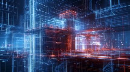 Futuristic digital network with blue and red lines forming complex patterns. High-tech imagery representing data and technology.