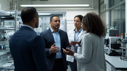 Group of professionals discussing research in a modern laboratory. Collaborative teamwork in scientific environment.