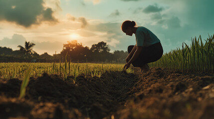 A powerful scene depicting a man planting seeds in a fertile field