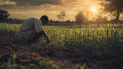 A powerful scene depicting a man planting seeds in a fertile field