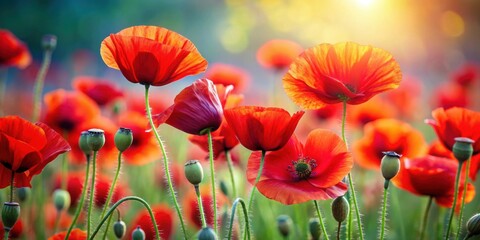 Fototapeta premium Vibrant red poppies in full bloom, poppies, flowers, red, vibrant, beautiful, nature, blooming, petals, garden, spring, field