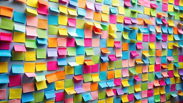 Colorful post it notes in various sizes and colors arranged on a wall , colorful, post it notes, wall
