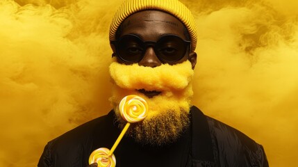 Man with a yellow beard and hat, holding a lollipop in a cloud of yellow smoke, wearing sunglasses, creative and artistic portrait.