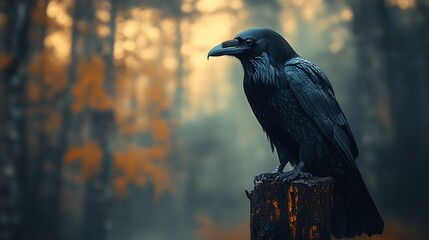 Fototapeta premium A black raven perched on a tree stump in a misty forest, looking to the side.